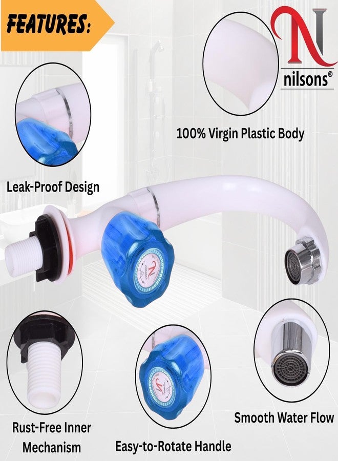 Nilsons 2PCS Swan Neck Pillar Tap Combo | Unbreakable Plastic Wash Basin Sink Tap with Crystal Blue Handle | Table Mounted Long Neck Faucet for Kitchen & Bathroom | 15mm | Leakproof - Image 2
